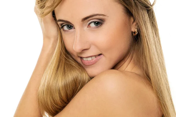 Portrait Beautiful Girl Blonde Straight Hair Posing Naked Shoulders White — Stock Photo, Image