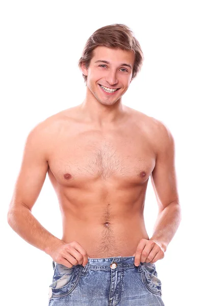 Sexy Schöner Mann Posiert Über Weißem Hintergrund — Stockfoto