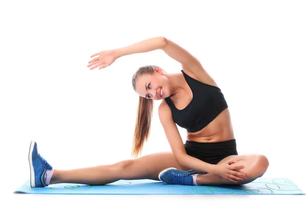 Glückliches Mädchen Macht Fitnessübungen Vor Weißem Hintergrund — Stockfoto