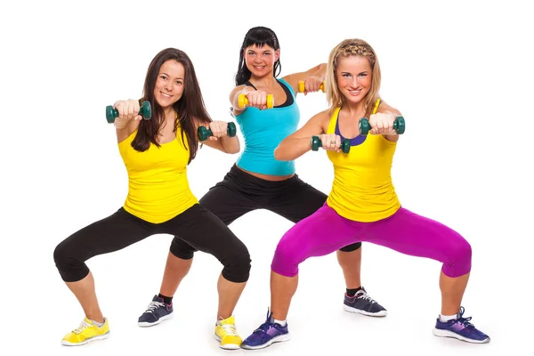 Hermosas Mujeres Felices Ropa Fitness Con Mancuernas Sobre Fondo Blanco — Foto de Stock