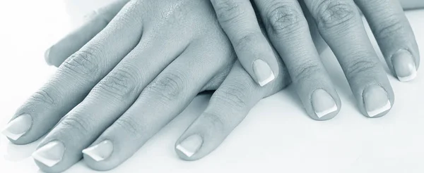 Jovem Mulher Mãos Com Manicure Francês Sobre Fundo Branco — Fotografia de Stock