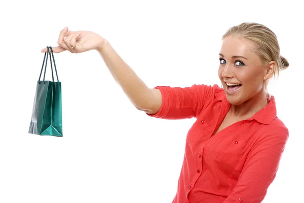 Happy Woman Little Shopping Bag White Background — Stock Photo, Image