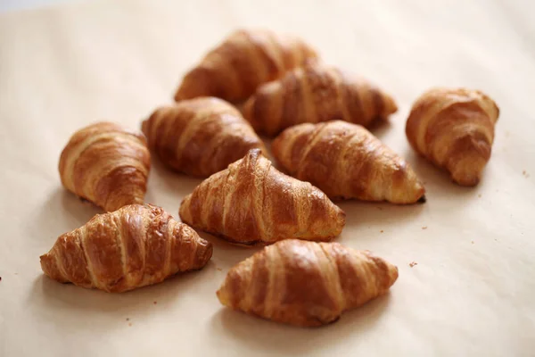 Fresh Homemade French Croissants Linen Tablecloth — Stock Photo, Image