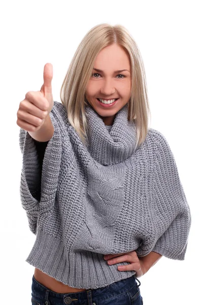 Attraktive Frau Grauen Pullover Posiert Studio — Stockfoto