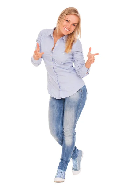 Young Blond Caucasian Woman Smiling White Background — Stock Photo, Image