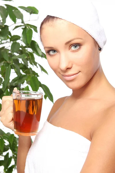 Young Woman Cup Hot Tea White Background — Stock Photo, Image