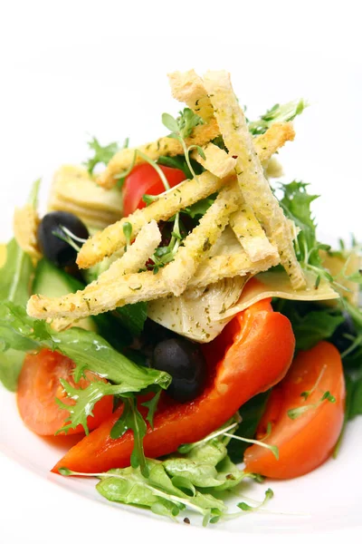 Salada Fresca Verduras Sazonais Com Croutons Boliche — Fotografia de Stock