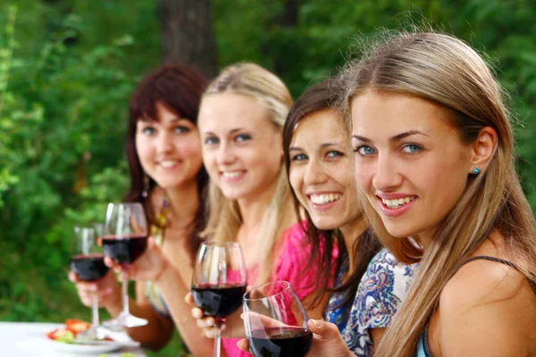 Group Young Beautiful Women Drinking Wine Park Stock Photo