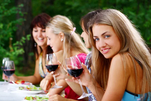 Group Young Beautiful Women Drinking Wine Park Stock Picture