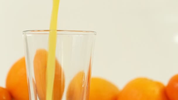 Closeup Fresh Orange Juice Pouring Glass — Stock Video