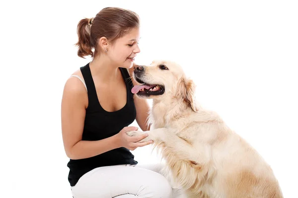 Mulher Feliz Seu Belo Cão Sobre Fundo Branco — Fotografia de Stock