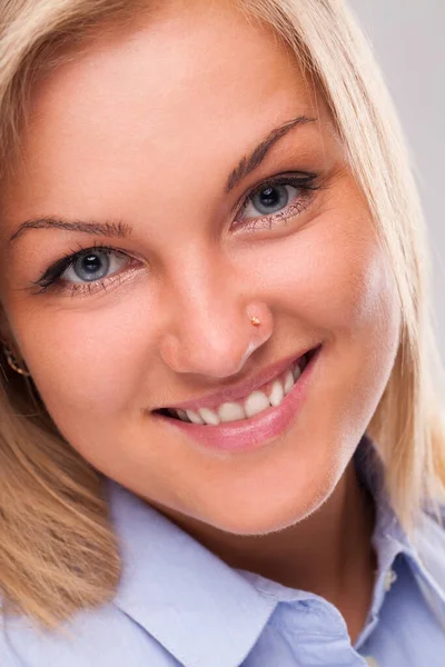 Closeup Portrait Young Blond Caucasian Woman Smiling — Stock Photo, Image