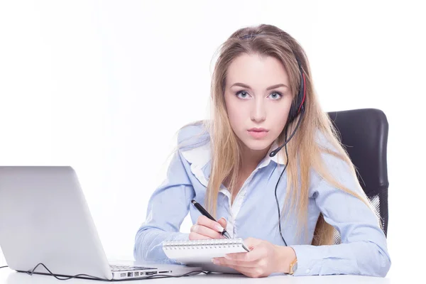 Gente Negocios Mujer Con Auriculares Junto Mesa — Foto de Stock