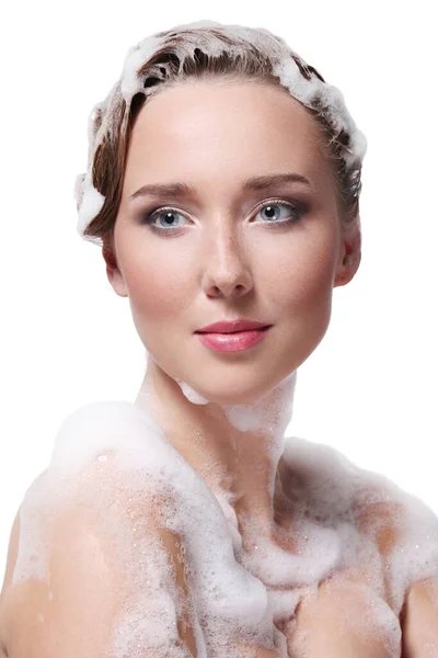 Soap Foam Wash Woman White Background — Stock Photo, Image