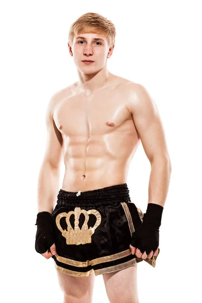 Young Handsome Fighter Shorts Isolated White Baqckground — Stock Photo, Image