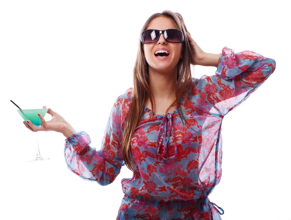 Femme Heureuse Avec Cocktail Vert Sur Fond Blanc — Photo