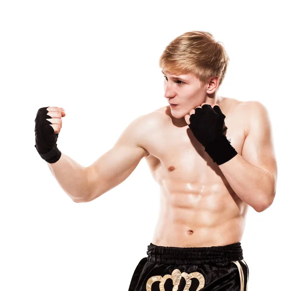 Young Handsome Fighter Shorts Isolated White Baqckground — Stock Photo, Image