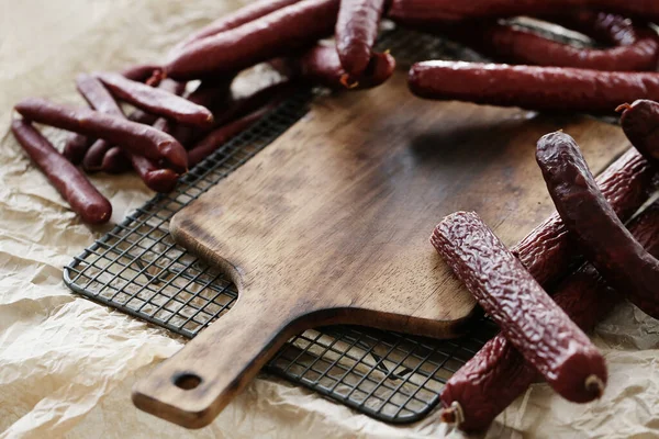 Comida Carne Salsicha Deliciosa Mesa — Fotografia de Stock