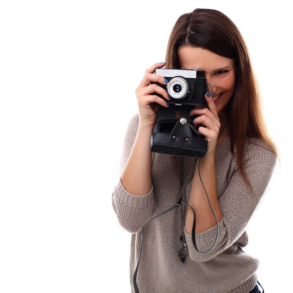 Menina Bonita Posando Com Câmera Estúdio — Fotografia de Stock