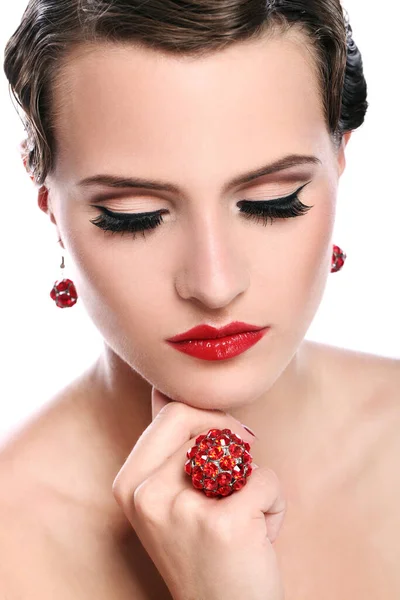 Young Beautiful Woman Red Jewelry White Background — Stock Photo, Image