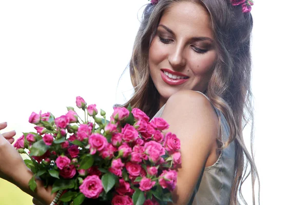 Portrait Beautiful Girl Holding Bouquet Flowers Park — Stock Photo, Image