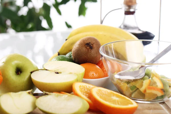 Frutas Frescas Diferentes Mesa Cozinha — Fotografia de Stock