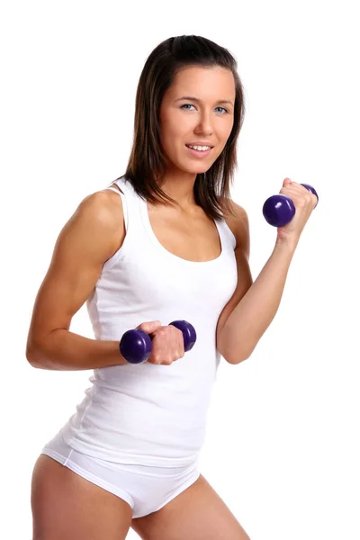 Young Girl Lift Weights Isolated White — Stock Photo, Image