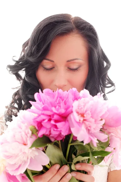 Beautiful Caucasian Woman Bouquet Peonies — Stock Photo, Image