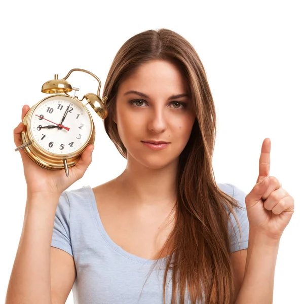 Young Caucasian Woman Alarm Clock Her Hands — Stock Photo, Image
