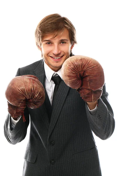 Retrato Hombre Negocios Guapo Guantes Boxeo Sobre Fondo Blanco —  Fotos de Stock