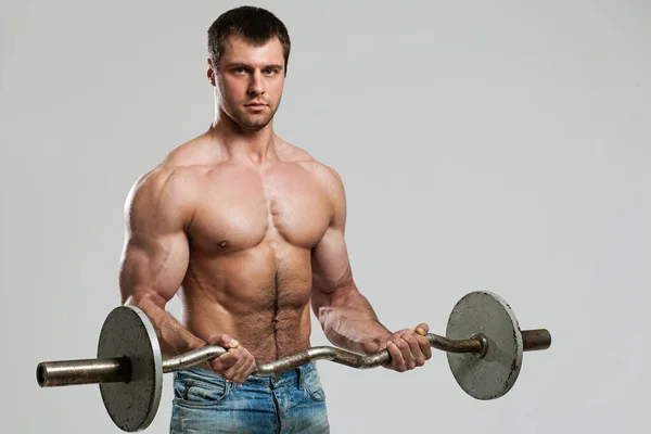 Handsome Guy Working Out Dumbbells Isolated Grey Background — Stock Photo, Image