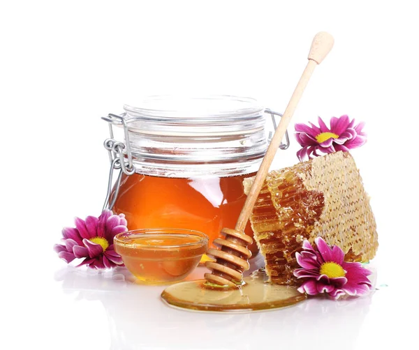 Jar Fresh Honey White Background — Stock Photo, Image