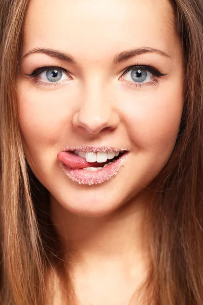 Potrait Mujer Linda Con Azúcar Los Labios — Foto de Stock