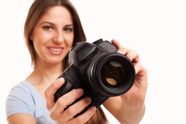 Young Caucasian Woman Professional Camera Her Hand — Stock Photo, Image
