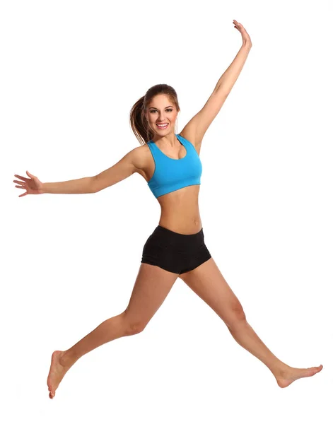 Hermosa Mujer Activa Salto Ropa Fitness Aislado Sobre Fondo Blanco —  Fotos de Stock