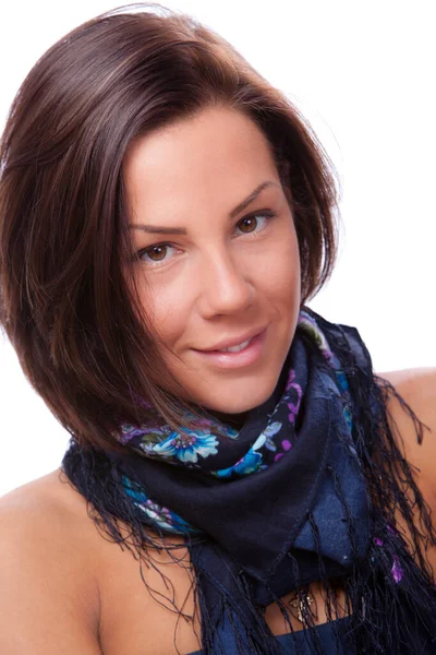 Portret Van Mooie Vrouw Met Blauwe Sjaal — Stockfoto