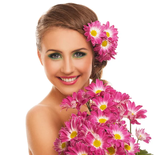 Όμορφη Νεαρή Γυναίκα Καυκάσιος Λουλούδια Στα Μαλλιά Απομονωθεί Λευκό Φόντο — Φωτογραφία Αρχείου