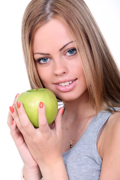 Jovem Bela Mulher Segurando Maçã Verde — Fotografia de Stock