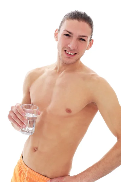 Portrait Handsome Shirtless Man Who Drinking Water White Background — Stock Photo, Image