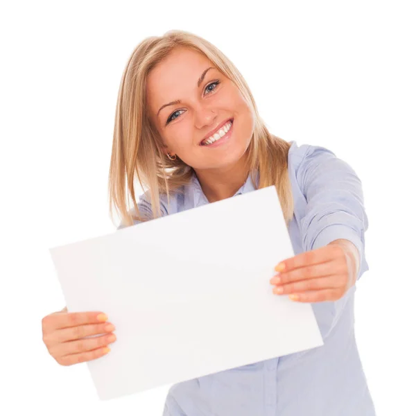 Young Blond Caucasian Woman Showing Paper White Background Royalty Free Stock Images