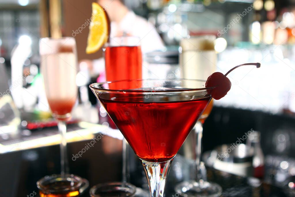 Different cocktails on a bar stage 