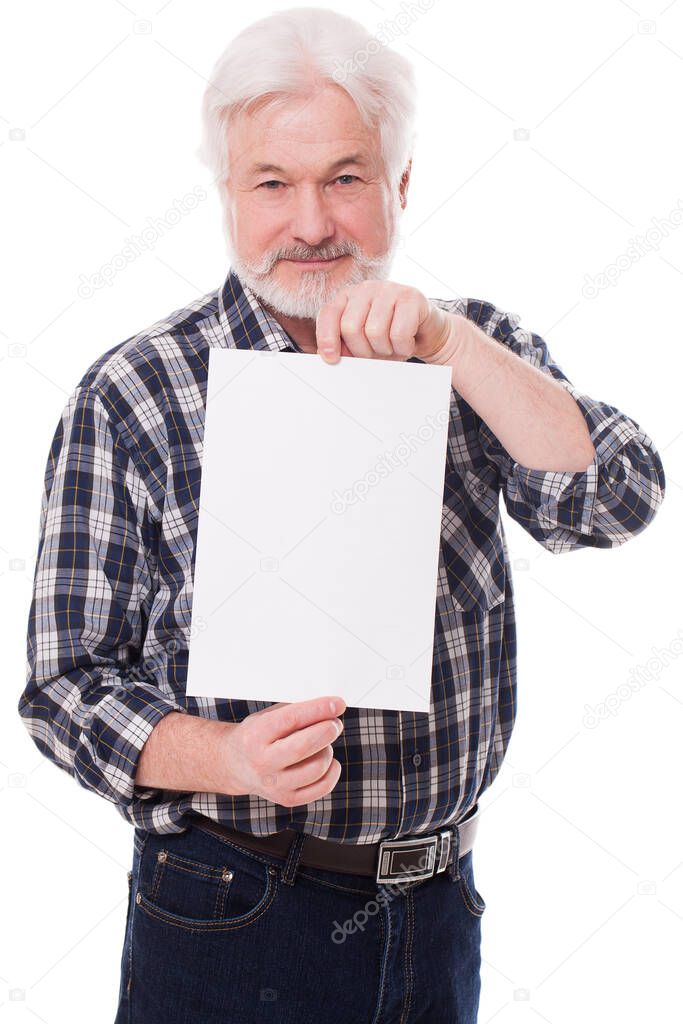Handsome elderly man with grey beard isolated over white background