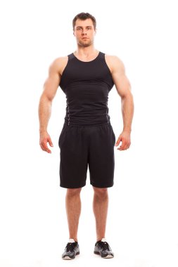 Vücut geliştirici beyaz arkaplan üzerinde izole pozlar