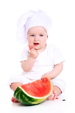 Şirin Bebek aşçı ile karpuz beyaz zemin üzerine