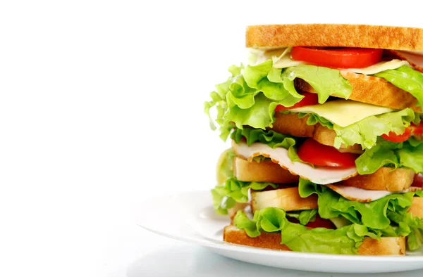 Великий Бутерброд Тарілці Ізольований Білому Тлі — стокове фото