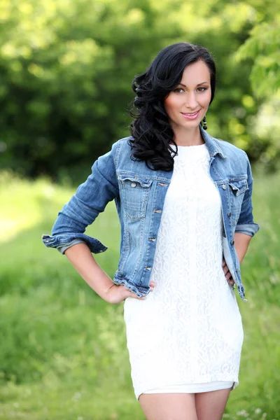 Beautiful Young Woman Jeans Jacket Park — Stock Photo, Image