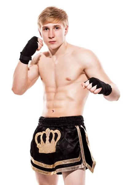 Young Handsome Fighter Shorts Isolated White Baqckground — Stock Photo, Image