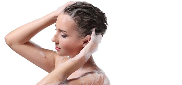 Soap Foam Wash Woman White Background — Stock Photo, Image