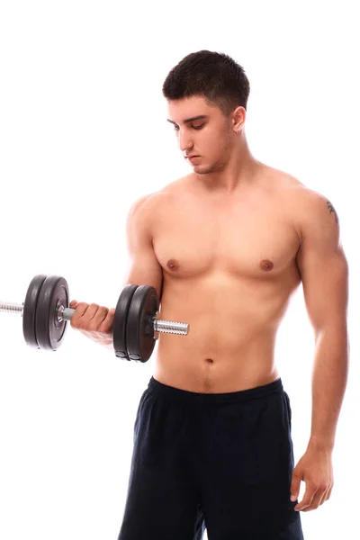 Muscular Guy Working Out Dumbbell White Background — Stock Photo, Image