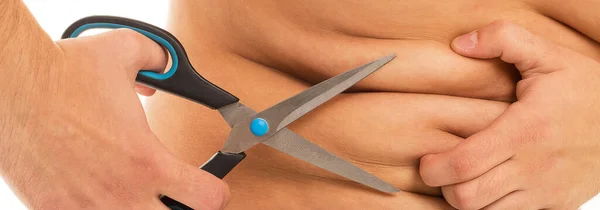 Man Scissors Trying Cut His Extra Fat — Stock Photo, Image
